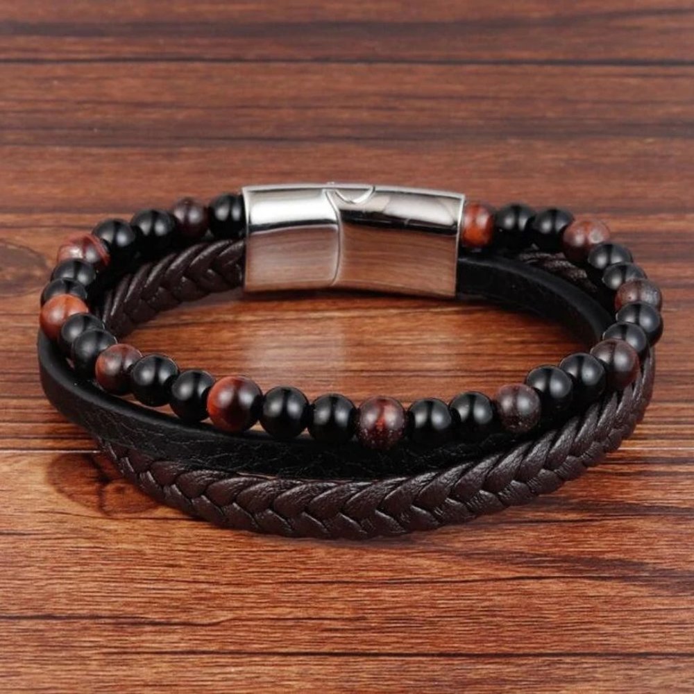 Tiger's Eye Black Onyx Stone Men's Leather Braided Bracelet Bangle Magnetic